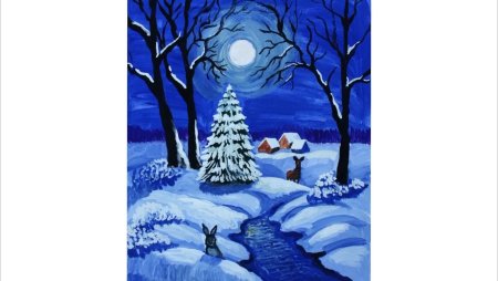 Зимний ночной лес гуашью