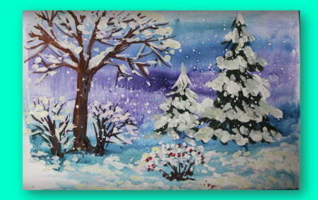 Зимний пейзаж гуашью и акварелью для детей