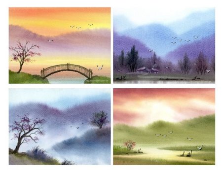 Поэтапные рисунки акварелью пейзаж