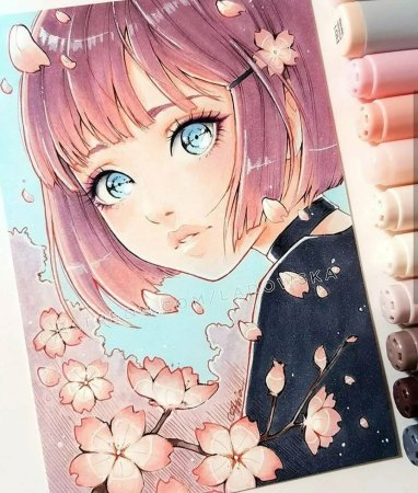 Аниме акварельными карандашами