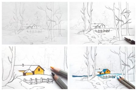 Этапы рисования зимнего пейзажа