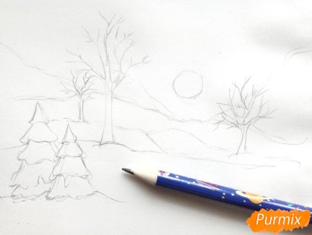 Зимний пейзаж пошаговое рисование