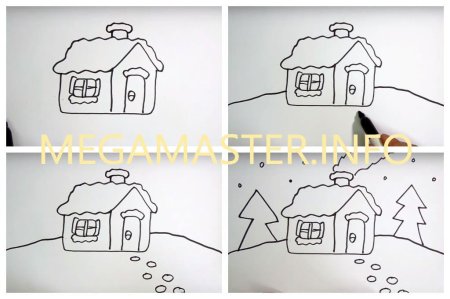 Зимний пейзаж карандашом