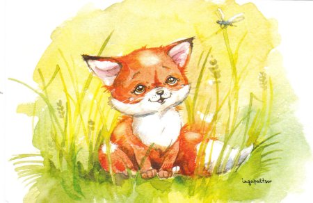 Лисенок с цветами акварель