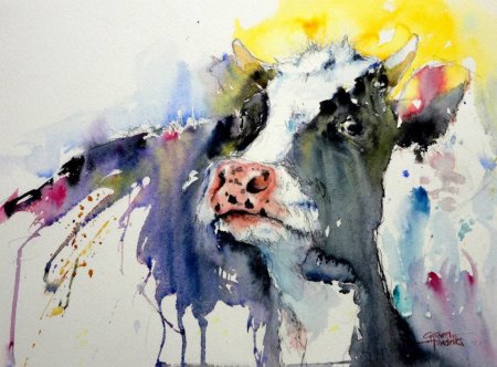 Корова акварелью