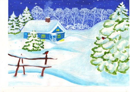 Зимний пейзаж со снегирями