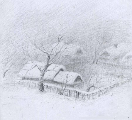 Зимний пейзаж карандашом