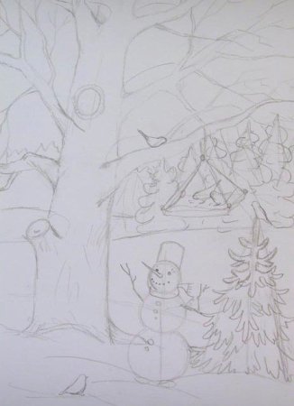 Зимний пейзаж в карандаше детский