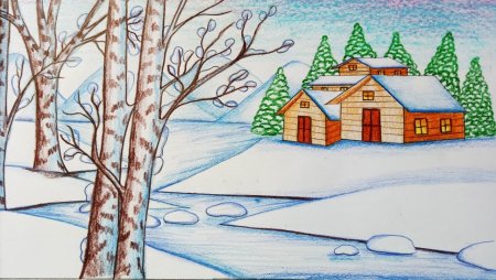 Зимний пейзаж карандашом для детей