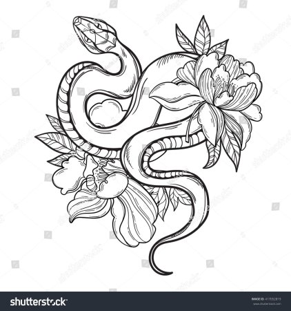 Эскиз змеи с цветами чб