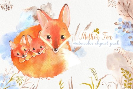 Лисенок с мамой акварелью