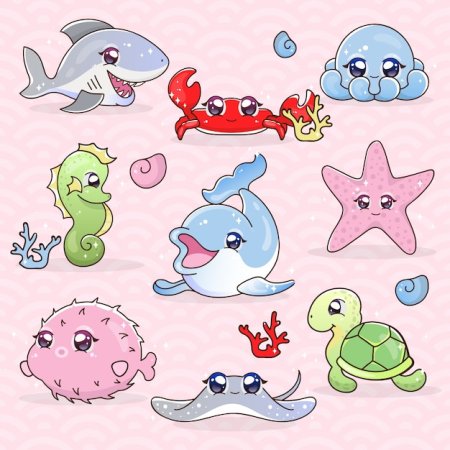Морские животные наклейки Каваи