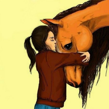 Обнимает лошадь арт