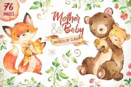 Акварельные животные мама и малыш