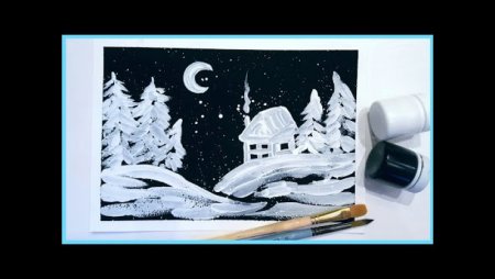 Зимний пейзаж белой гуашью