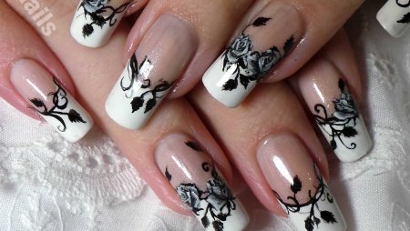 Белые ногти с черным рисунком