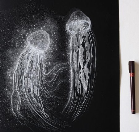 Рисунки пастелью на черной бумаге