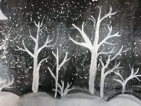 Зимний пейзаж белой гуашью