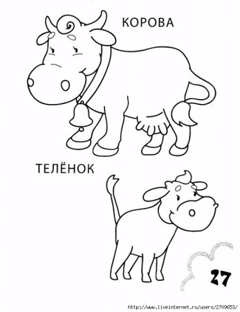 Раскраска корова с теленком для детей