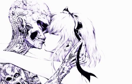 Скелет целует девушку