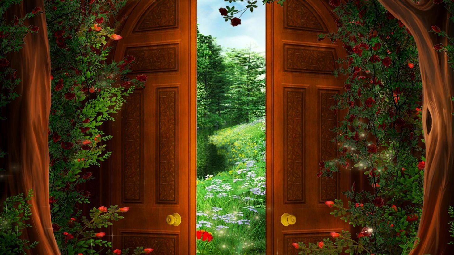 Игры новые двери. Открытые двери. Сказочная деревянная дверь. Сказочные ворота. Дверь в сказку.
