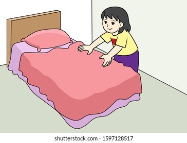 Девочка заправляет кровать