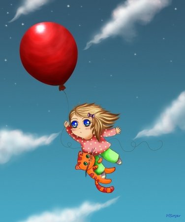 Девушка летит на воздушных шарах