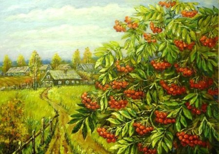 Пейзаж с рябиной живопись
