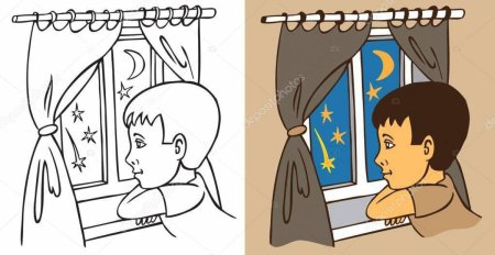 Мальчик смотрит в окно рисунок