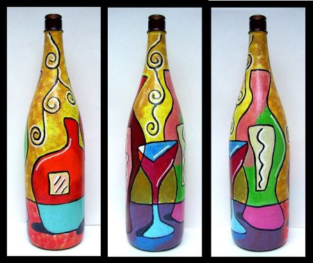 Разрисовать бутылку акриловыми красками