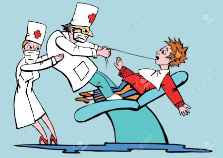 Карикатура стоматолог вырывает зуб