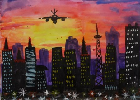 Ночной город гуашью