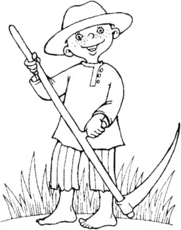 Мальчик косит траву