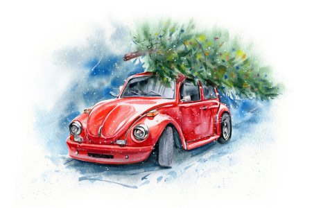 Машинка с елкой акварель