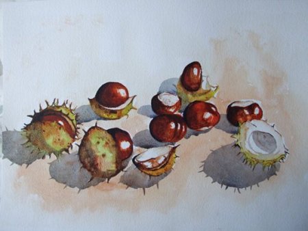 Рисование акварелью каштаны