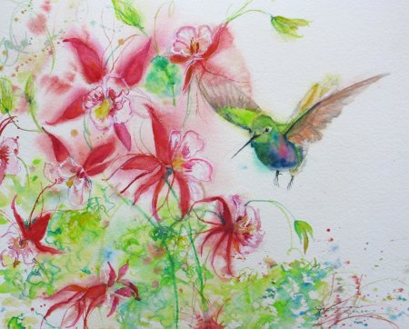 Колибри и цветы акварелью