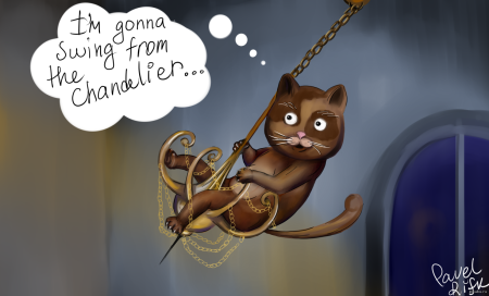 Кот качается на люстре