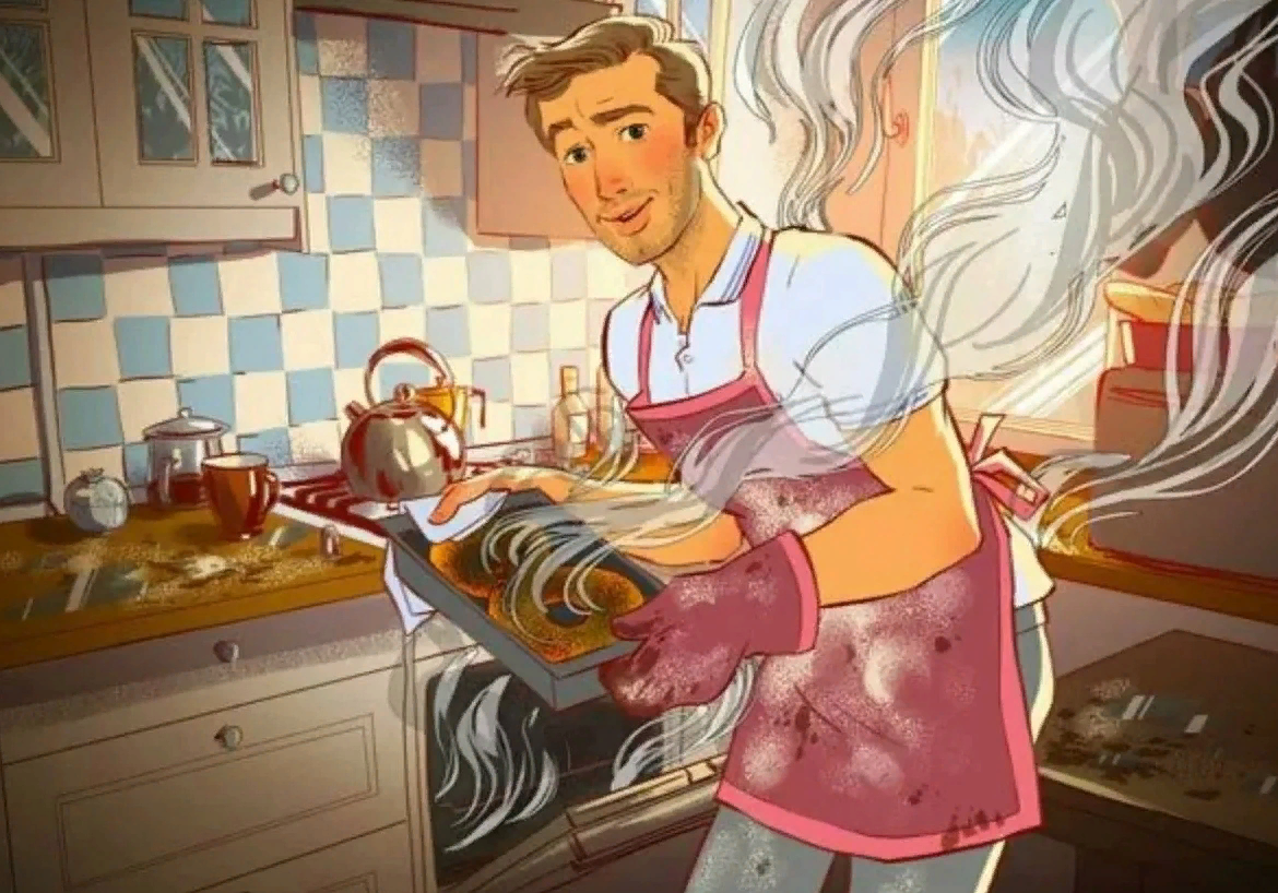 Веселый мужчина на кухне. Парень на кухне живопись. Мужчина Хозяюшка. Кухня иллюстрация.