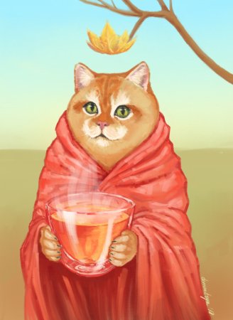 Котик в пледике и с чаем