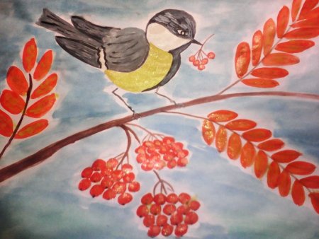 Рисование в старшей группе синица на рябине