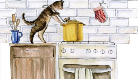 Иллюстрация кот и собака на кухне