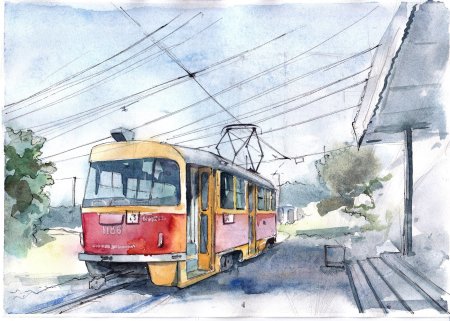 Трамвай акварель
