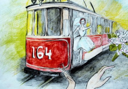 Трамвай цветными карандашами