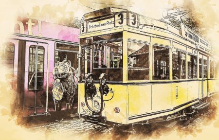 Старый трамвай на белом фоне