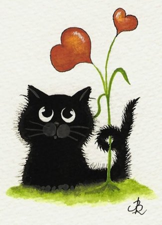 Нарисованный черный котенок с цветочком