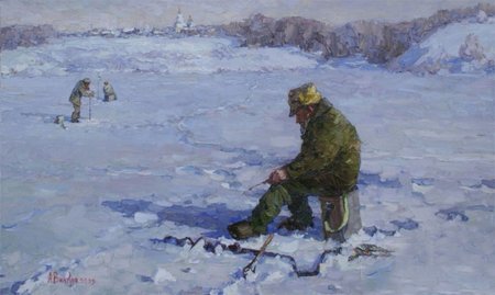 Рыбаки зимой живопись