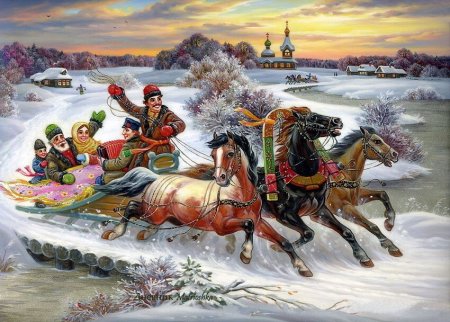 Федоскинская миниатюра тройка лошадей