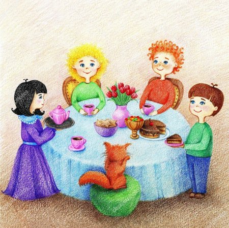 Иллюстрация чаепитие друзей